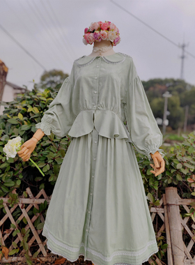 兔子大人｜手作服 法式少女甜美荷叶边长袖衬衫 口袋半身裙 套装