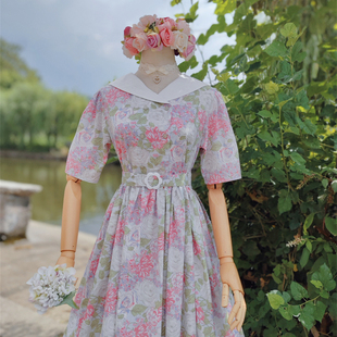 vintage甜美花朵腰带高腰连衣裙 ashley 兔子大人｜手作服 Laura