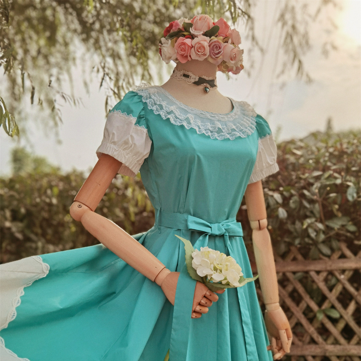 兔子大人|手作服 vintage法式少女甜美蕾丝领大裙摆连衣裙 夏