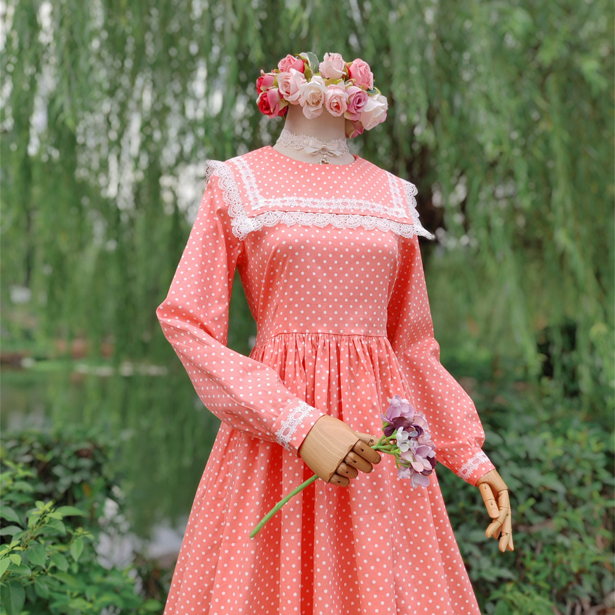 兔子大人|手作服 vintage古着风海军领橘红色波点长袖连衣裙纯棉
