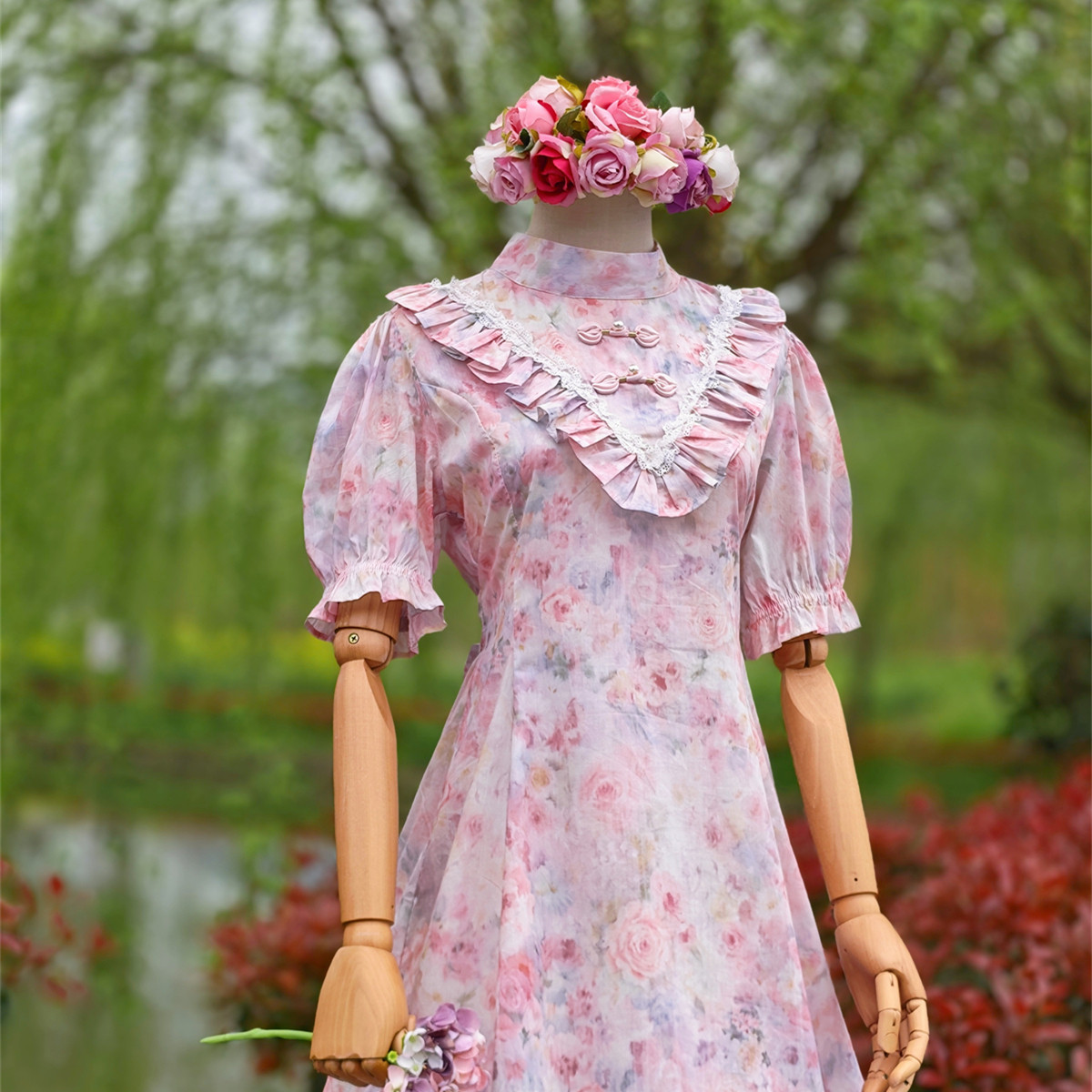 兔子大人|手作服 甜美立领80支轻薄纯棉粉色郁金香旗袍扣连衣裙