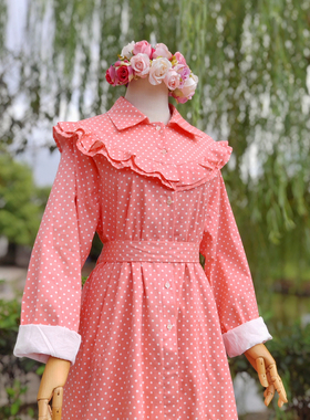 兔子大人｜手作服 复古甜美双层木耳边橘红色棉布波点风衣外套