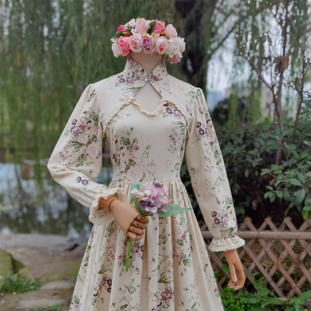 兔子大人|手作服 秋冬 国风新中式旗袍领复古流苏边磨毛棉连衣裙