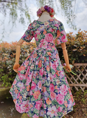 兔子大人｜手作服 vintage美式复古大花蝴蝶结装饰短袖高腰连衣裙
