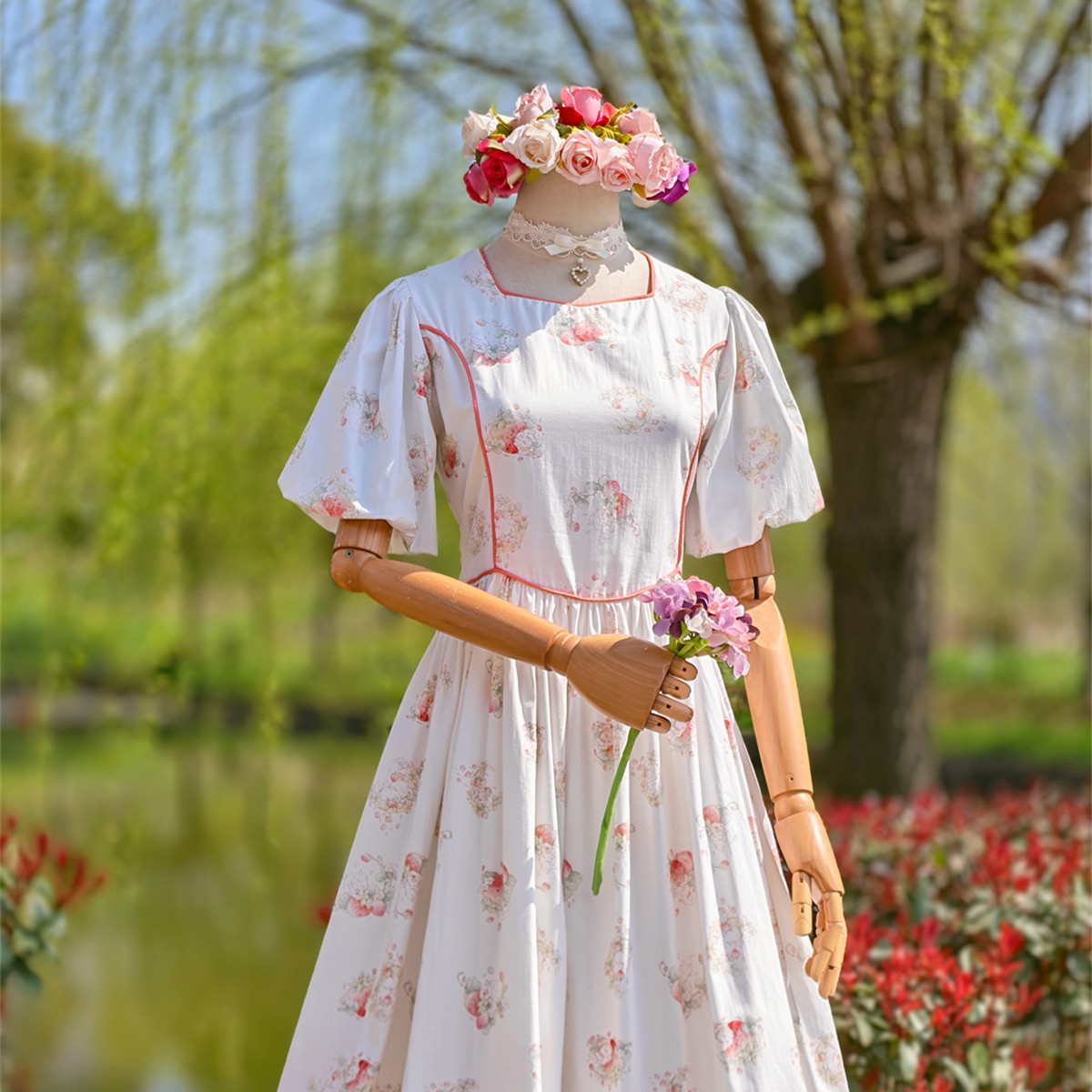 兔子大人｜手作服 vintage古着大花苞袖草莓兔子短袖连衣裙