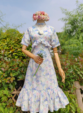 兔子大人｜手作服 复古紫色油画木耳边V领短袖连衣裙 胸针可拆卸