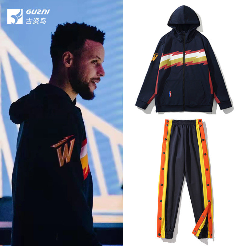 库里篮球服套装男勇士队出场外套秋季青少年开衫美式连帽卫衣定制