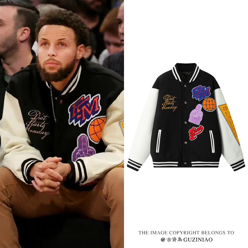 库里同款棒球服男青少年秋冬皮衣飞行员夹克美式复古潮牌刺绣外套