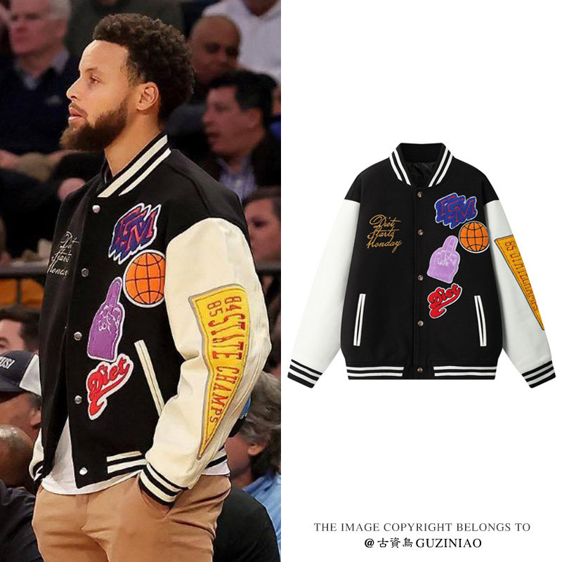 美式棒球服库里同款青少年春秋外套男刺绣2025新款复古飞行员夹克