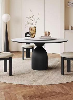 法式复古实木圆形纯白岩板餐桌带转盘中古风家用小户型黑色圆桌子