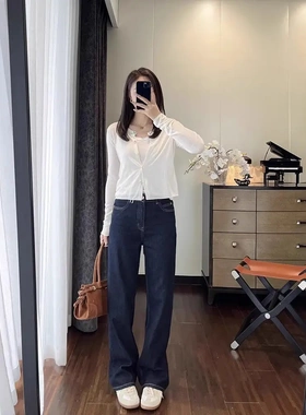 深蓝色经典高腰显瘦垂感直筒牛仔裤女