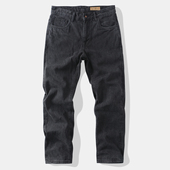 咔叽重磅复古砂洗牛仔裤 纯棉直筒宽松休闲男式 黑色赤耳工装 美式 裤