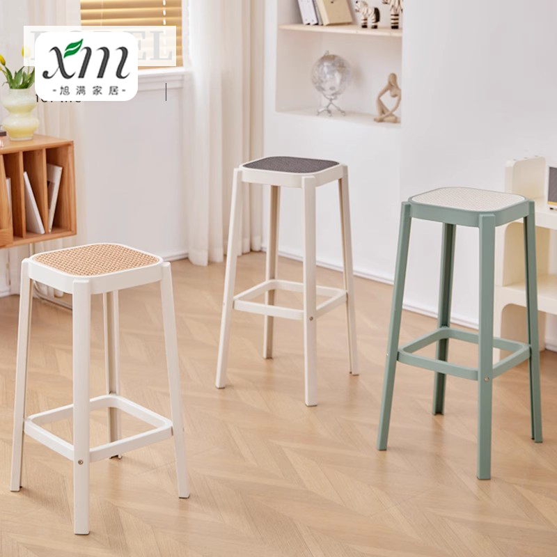 北欧现代简约塑料吧椅靠背高脚凳吧台椅家用阳台高椅子彷藤编餐椅
