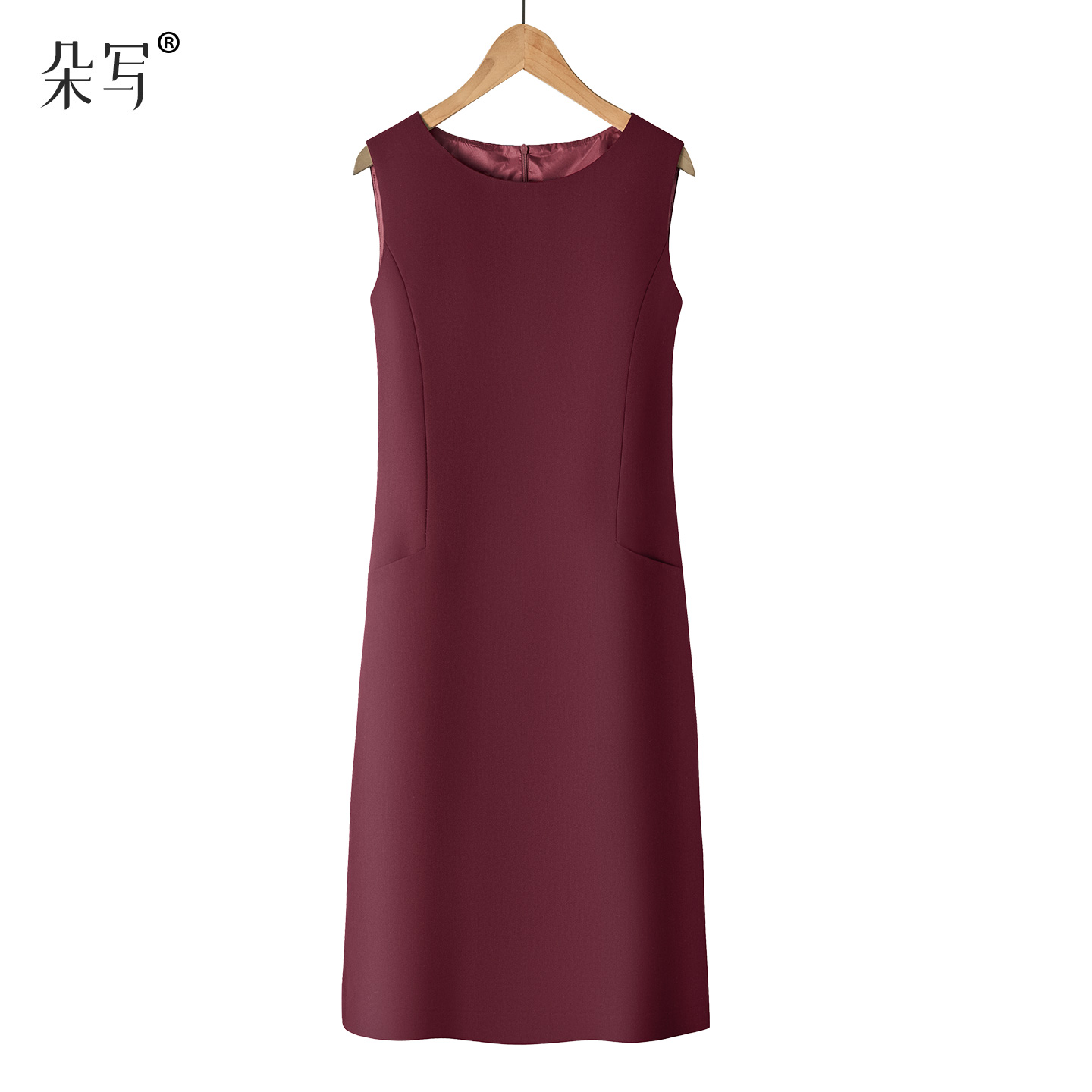 高瑞质感酒红色无袖连衣裙女秋冬