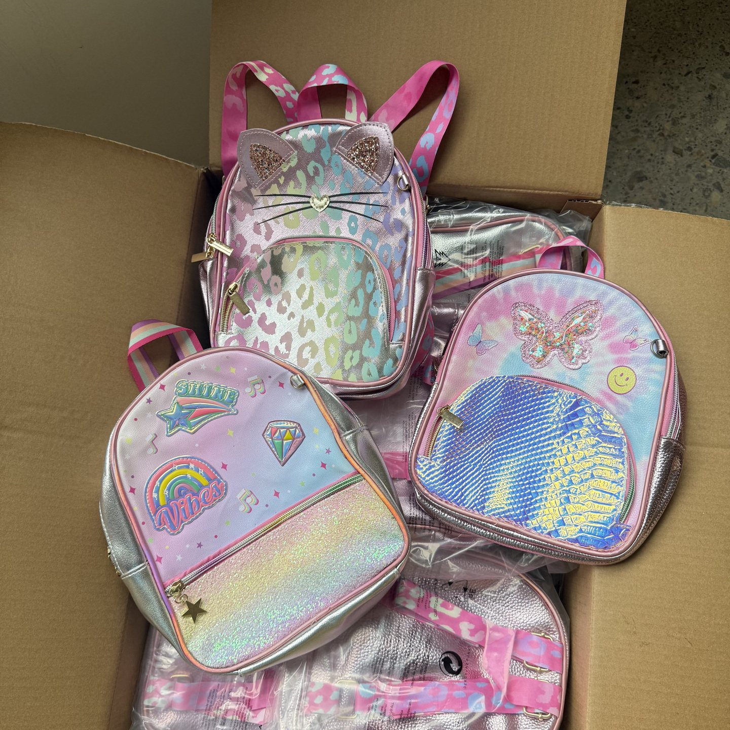 外贸出口 可爱卡通镭射Y2K少女粉豹纹蝴蝶双肩包小背包儿童书包