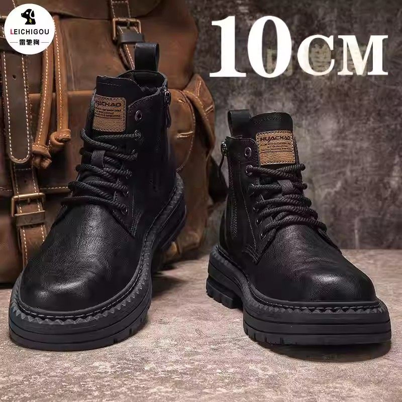 马丁靴男侧拉链中帮防滑皮鞋冬季加绒厚底内增高鞋男10cm工装潮鞋,流行男鞋,马丁靴,淘宝优惠券,粉丝福利购,淘宝优惠卷