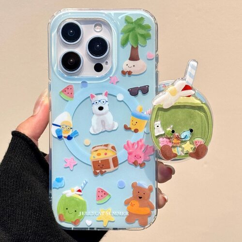 磁吸支架适用oppoA3/reno10/4se手机壳findx7/5pro夏日沙滩萌物椰子狗狗A56/32/a57女款K11x/97/93s软套8全包