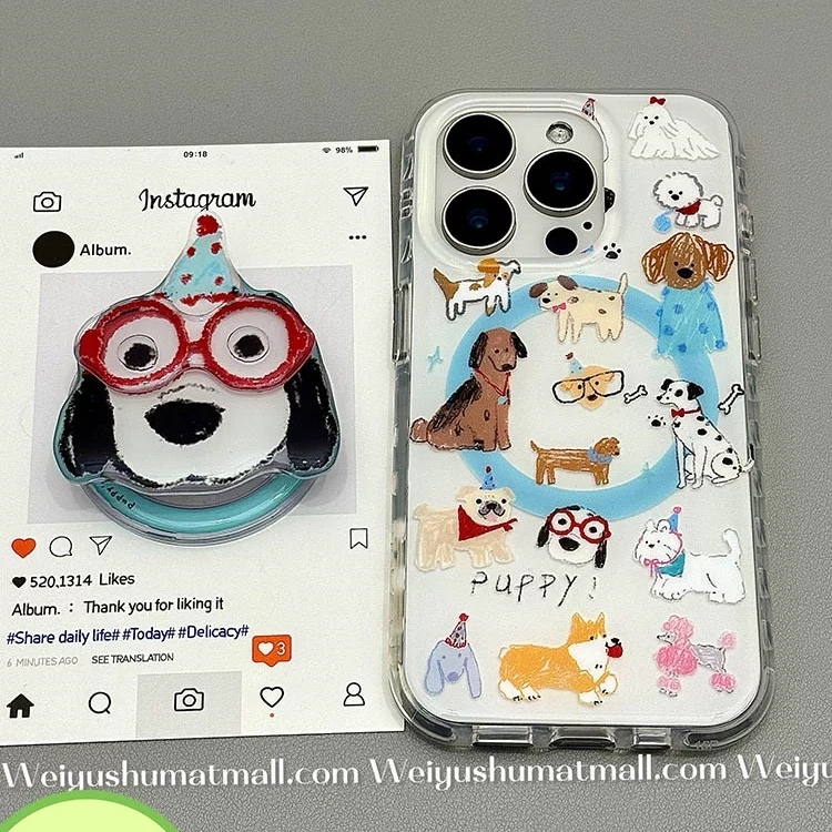 磁吸支架适用苹果16手机壳iPhone15男女款13/12趣味涂鸦手绘狗狗潮防摔11PROMAX全包边S/XR硅胶7/8软套14PLUS