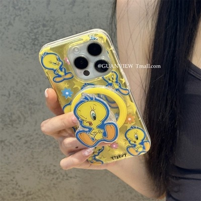 可爱趣味崔弟小鸟磁吸支架适用苹果16手机壳iPhone15/14大孔镜头13/12防摔11PROMAX黄色S/XR卡通7/8P软14PLUS