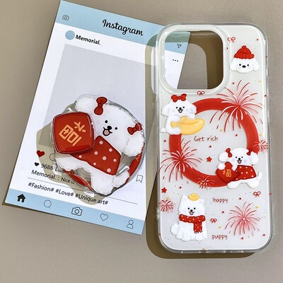 旋转磁吸支架ins适用小米15/13U新年烟花福字小狗K80手机壳红米Turbo3新品k70/60ote12t/civi4pro女40/50软