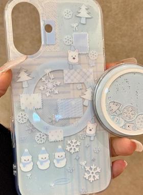 磁吸支架适用vivoX100/30/60/x70/y78手机壳X90秋冬雪人西高地摇摇乐y76s女S18e/X200/15PRO国际版Y33/mini软