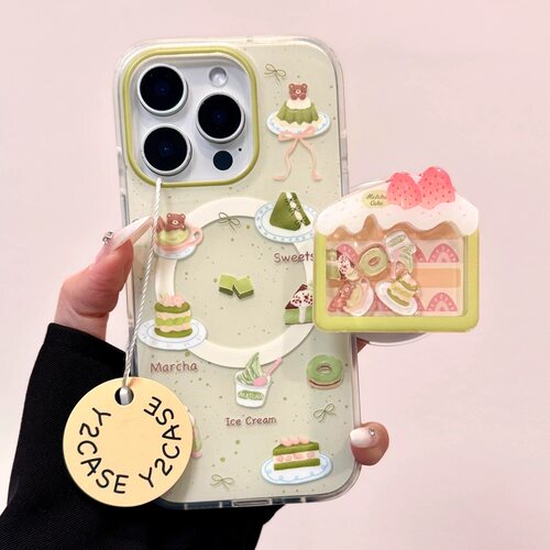 磁吸支架适用vivoX100/30/60/x70/y78手机壳X90韩风绿泼墨抹茶蛋糕y76s女款S18e/X200/15PRO夏日Y33/mini软套