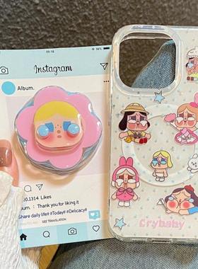 蓝色波点旋转婴儿哭娃磁吸支架适用苹果16手机壳iPhone15少女款13/12防摔11PROMAX全包S/XR硅胶7/8软套14PLUS