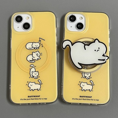 磁吸支架适用oneplus11/2一加12手机壳ace竞速版1+ACE5V橘黄色可爱慵懒猫咪8t/10/9女7TPRO/9RT/6t软套13至尊