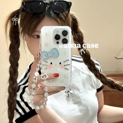 链条KT猫适用oppoA3/reno10/4se手机壳findx7/5pro闪粉镶钻石蓝色蝴蝶结A56/32/a57女K11x/97/93s软套8国际版