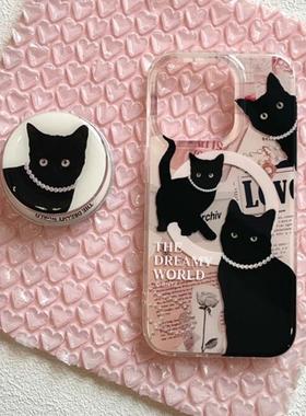 磁吸支架适用小米15/13U复古报纸黑色猫咪K80+手机壳红米Turbo3国际版k70/60/note12t/civi4pro软套poco女50e