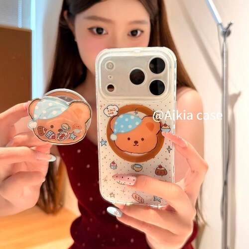 磁吸支架适用oppoA3/reno10/4se手机壳findx7/5pro下午茶睡帽棕小熊星星A56/32/a57女K11x/97/93s软套8国际版