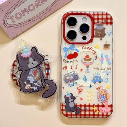 磁吸支架适用oppoA3/reno10/4se手机壳findx7/5pro红色格纹风扇猫咪插画A56/32/a57女K11x/97/93s软套8国际版