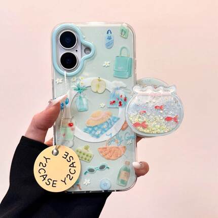 金鱼缸薄荷绿插画花瓶磁吸支架适用苹果16手机壳iPhone15少女款13/12防摔11PROMAX全包S/XR新品7/8软套14PLUS