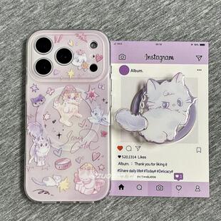 磁吸支架适用vivoX100/30/60/x70/y78手机壳X90涂鸦浅紫晕染猫咪可爱y76s女S18e/X200/15PRO国际版Y33/mini软