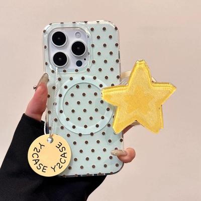 ins风薄荷绿波点星星磁吸支架适用苹果16手机壳iPhone15少女款13/12防摔11PROMAX全包S/XR新品7/8软套14PLUS