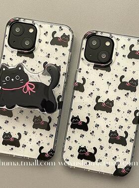 伸缩支架适用小米14/13U卡通可爱10手机壳红米Turbo3黑色泼墨猫咪透明k70/60/note12t/civi4pro女k40S/50软套