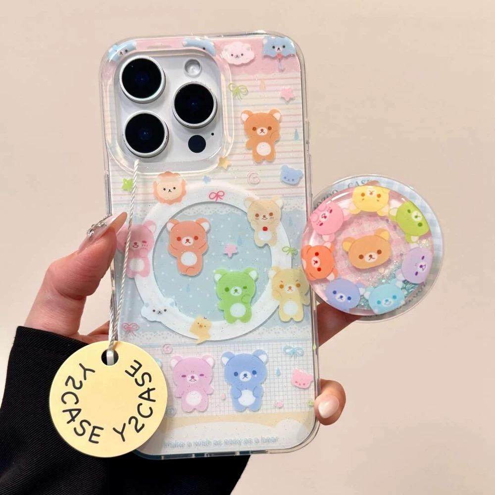 趣味糖果色轻松熊卡通磁吸支架适用苹果16手机壳iPhone15少女款13/12防摔11PROMAX全包S/XR新品7/8软套14PLUS