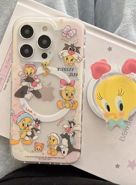 可爱黄色崔弟鸟傻大猫磁吸支架适用苹果16手机壳iPhone15女款防摔13/12卡通11PROMAX全包S/XR硅胶7/8软14PLUS