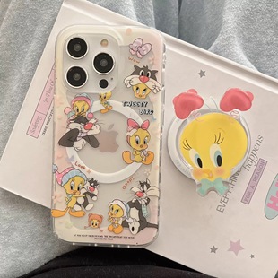 可爱黄色崔弟鸟傻大猫磁吸支架适用苹果16手机壳iPhone15女款防摔13/12卡通11PROMAX全包S/XR新品7/8软14PLUS