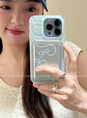 简约清新蓝丝带蝴蝶结适用华为nova12/U/9磁吸卡包8SE新品MATE50/40e手机壳Pura70ultra软套防摔60畅享13女款