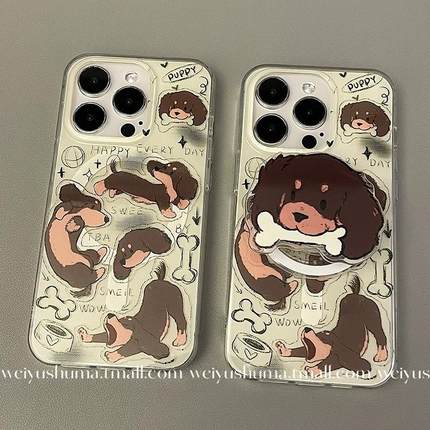 磁吸带支架适用小米14/13U卡通可爱10手机壳红米Turbo3狗狗插画趣味k70/60/note12t/civi4pro少女k40S/50软套