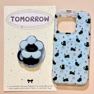 5pro可爱云朵花小黑猫A56 4se手机壳findx7 a57女K11x 93s软套8全包边趣味 磁吸支架适用oppoA3 reno10