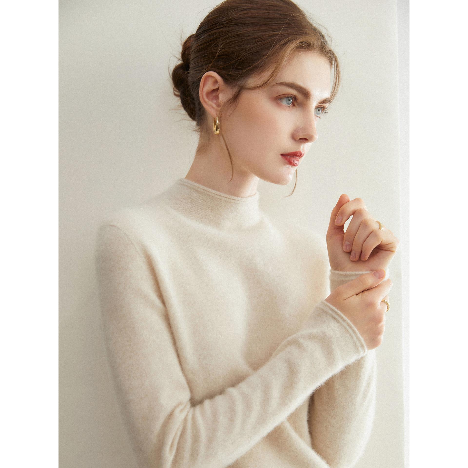 无缝一线成衣~超细绒系列 100%纯山羊绒衫女半高领针织打底衫毛衣