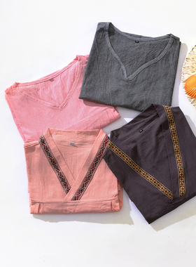 汗蒸服女款纯棉100%棉麻汤泉浴服spa养生足道客人V领男款桑拿服