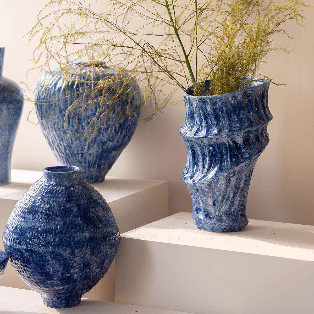 新中式陶瓷花侘寂锤纹景德镇客厅插花玄关装饰品复古粗陶花盆