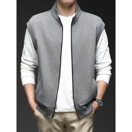 高端美式休闲马甲男秋冬厚款男士无袖卫衣拉炼背心立领开衫1215u