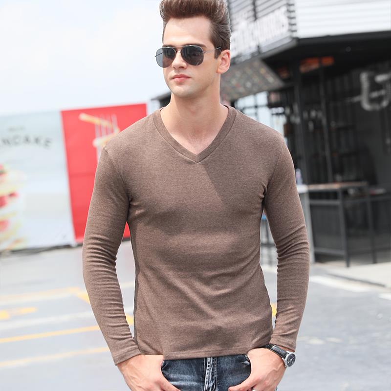 秋冬长袖T恤男士衣服装韩版大尺码修身V领打底衫男装潮T恤1016u
