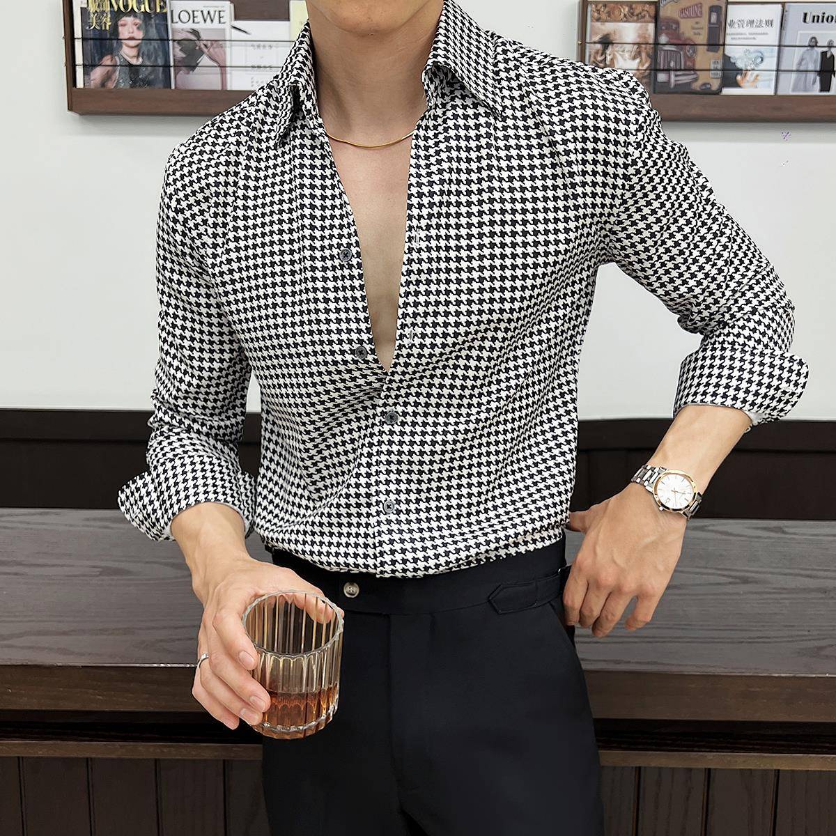 法式V领千鸟格衬衫男长袖季2025新款时尚潮流高端商务休闲衬1108u