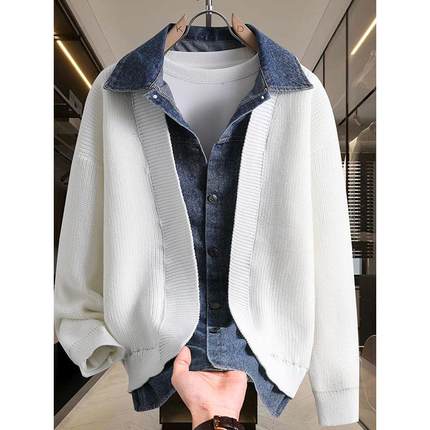 2025新款男士针织开衫假两件外套毛衣男痞帅潮牌宽松开衫秋1215u