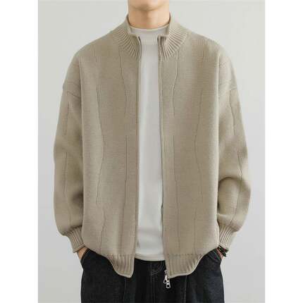 双拉链开衫外套男秋季宽松立领毛线衣夹克男装早秋休闲帅气1215u